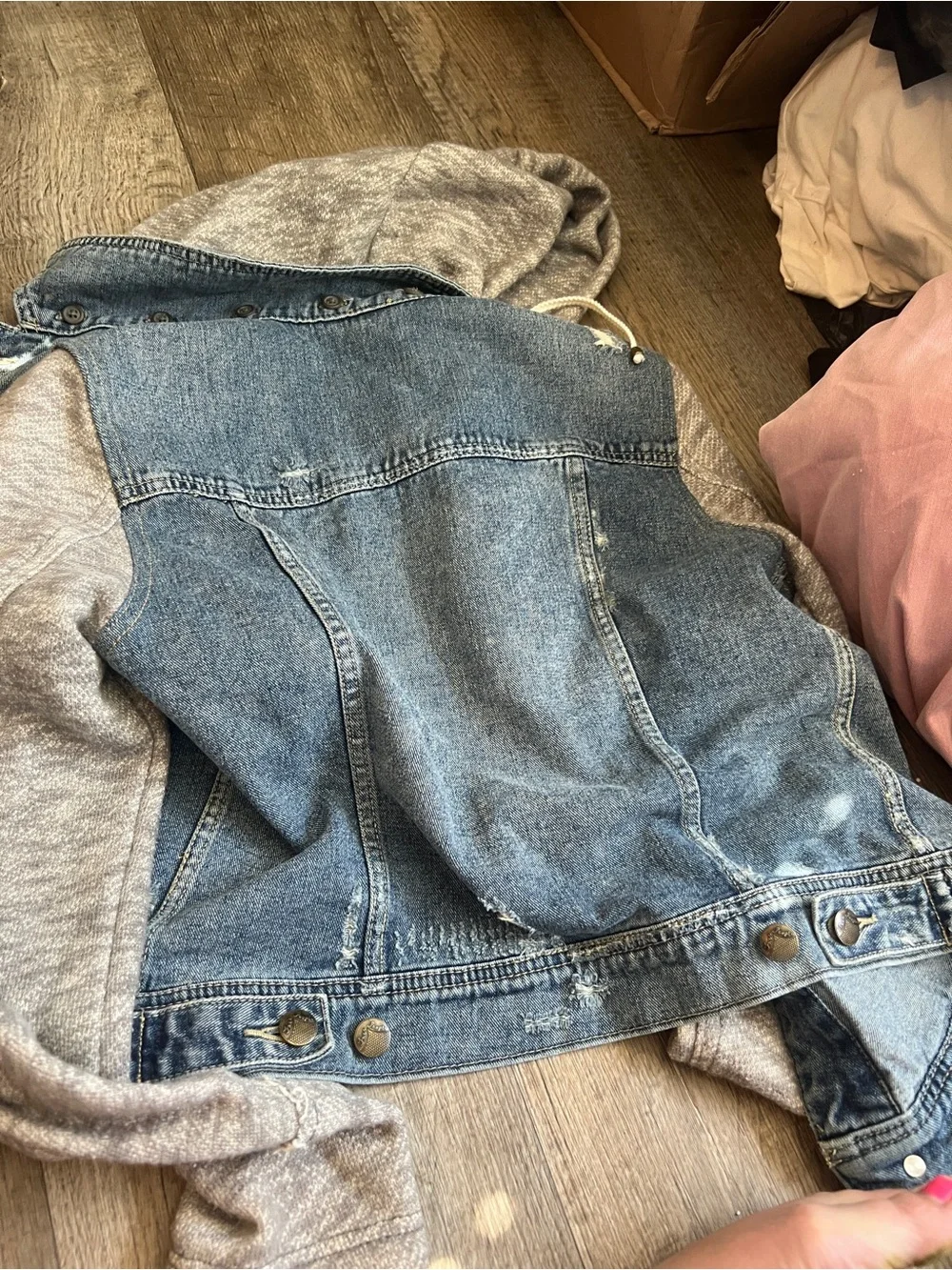Free People | Distressed Knit Sleeve Denim Jacket S Grunge Hooded Streetwear - Picture 14 of 14